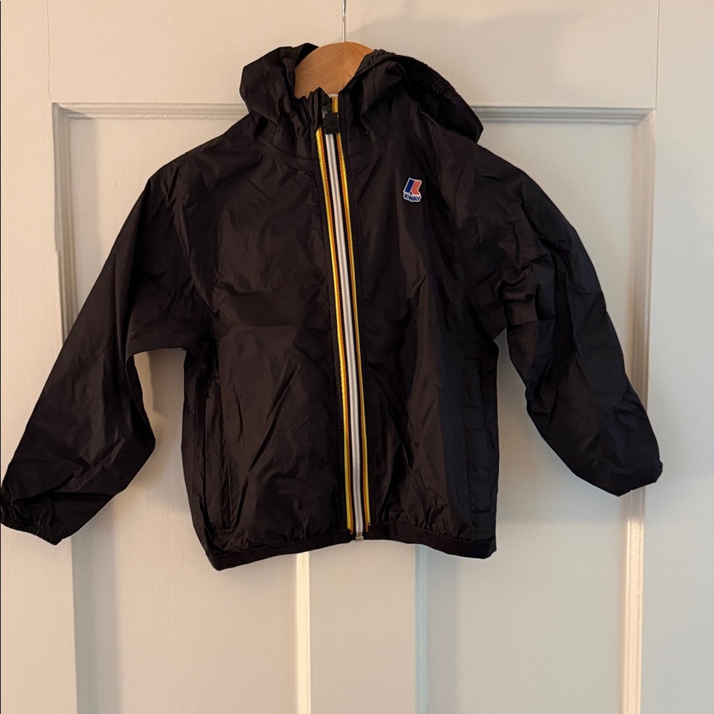 K-Way Kids Black Raincoat with Yellow Stripe detail on zippers